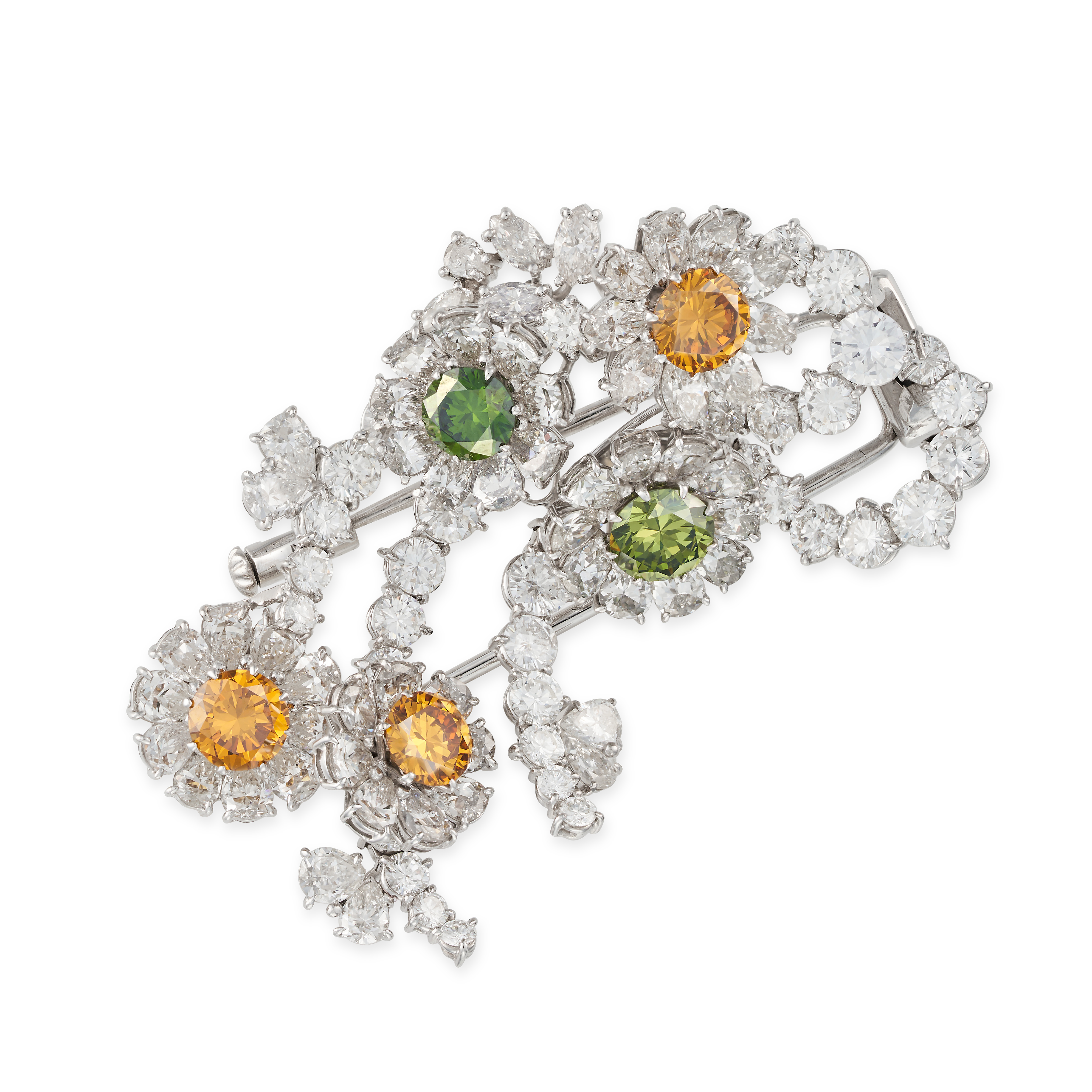 BULGARI, A DIAMOND BROOCH designed as a spray of foliage, comprising five flower motifs set to th...