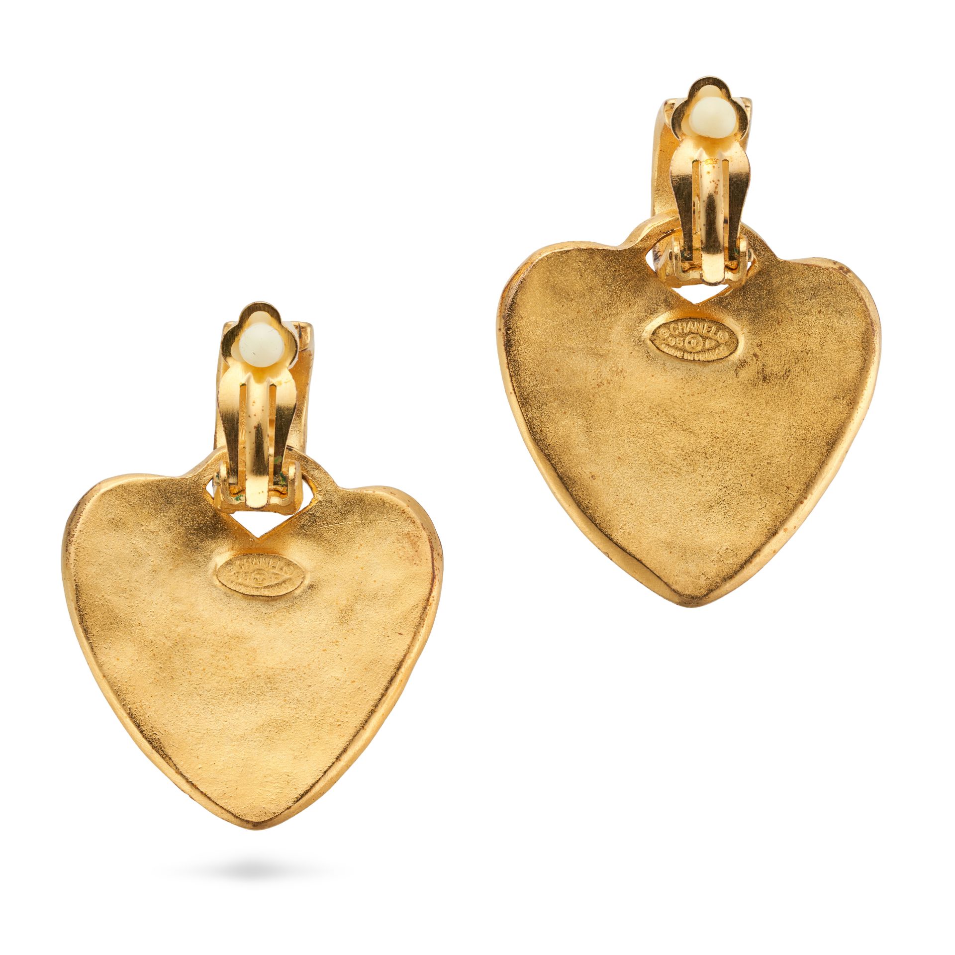 CHANEL, A PAIR OF VINTAGE CLIP EARRINGS each comprising a heart shape charm with interlocking CC ... - Image 2 of 2