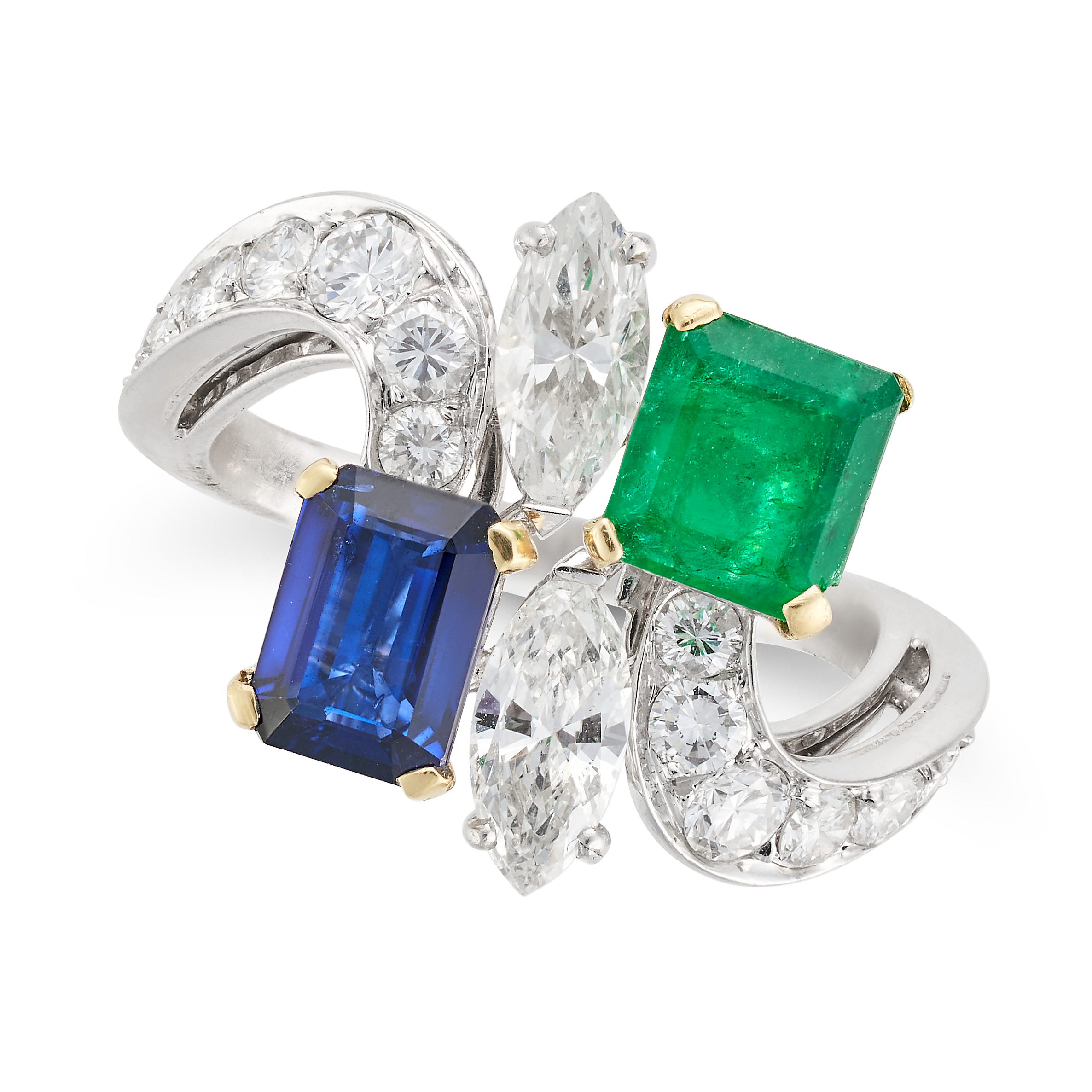 A SAPPHIRE, EMERALD AND DIAMOND RING set with an octagonal step cut sapphire and emerald, accente...