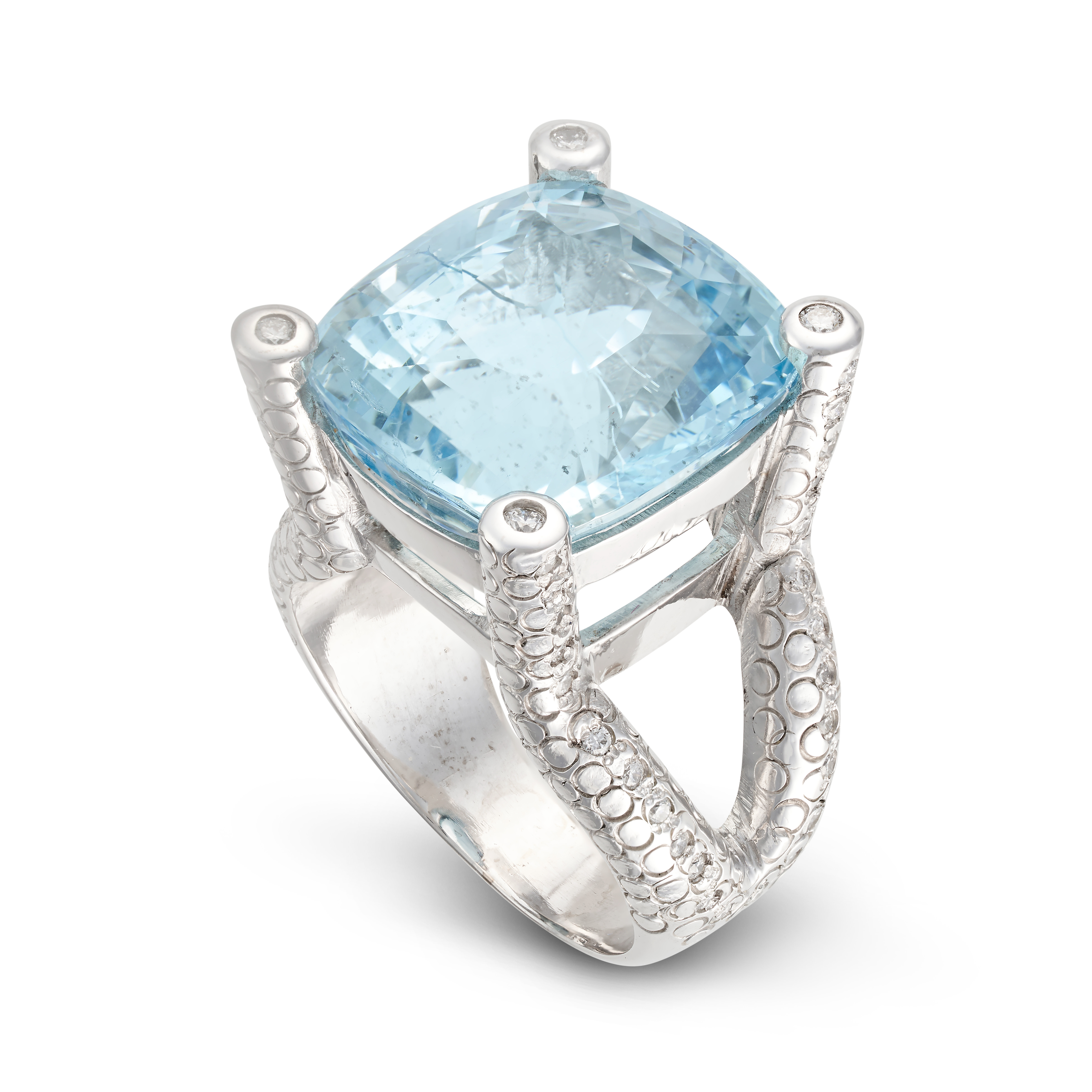 AN AQUAMARINE AND DIAMOND RING set with a cushion cut aquamarine of 27.50 carats, the stylised mo... - Image 2 of 2