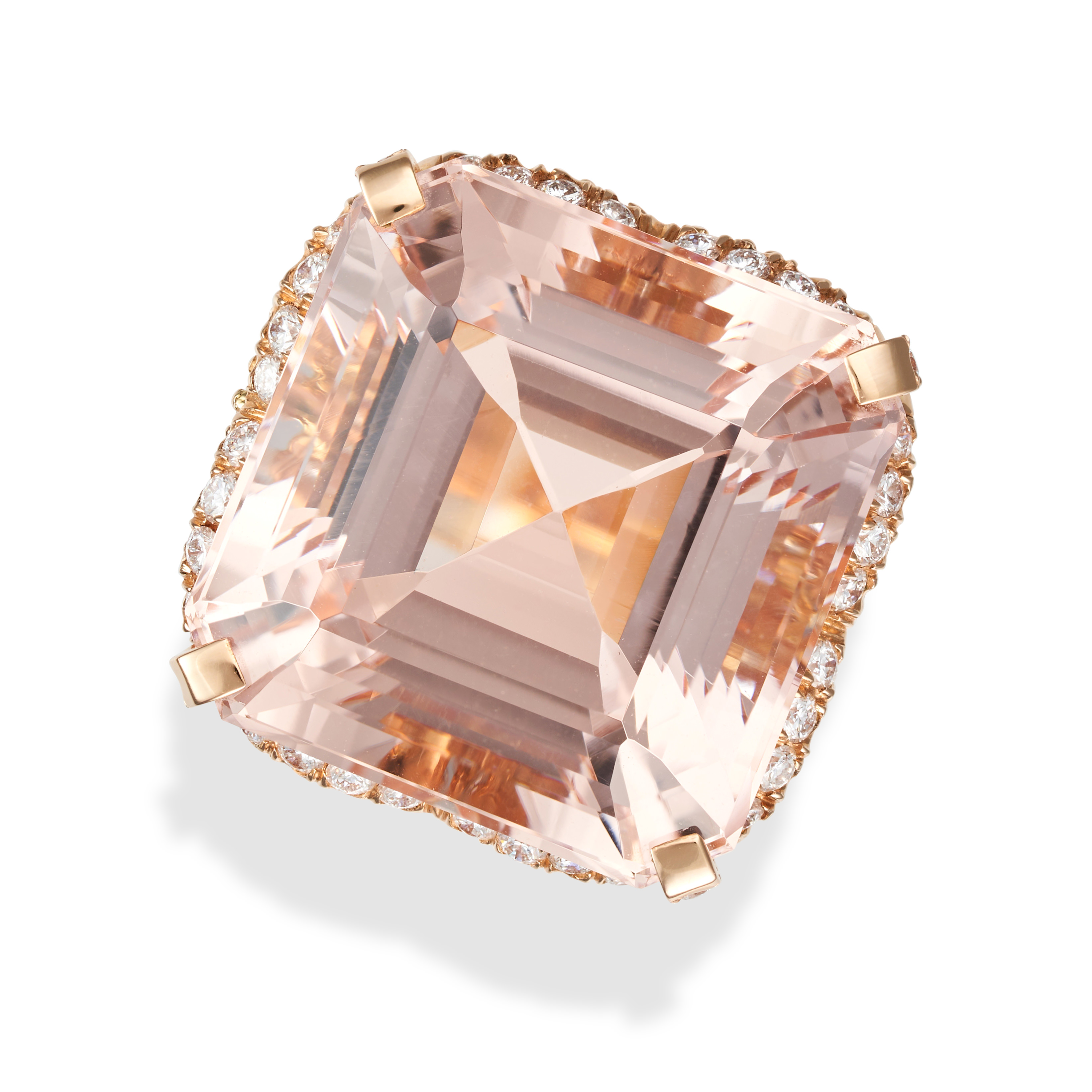 A MORGANITE AND DIAMOND RING set with an octagonal step cut morganite of approximately 43.50 cara...