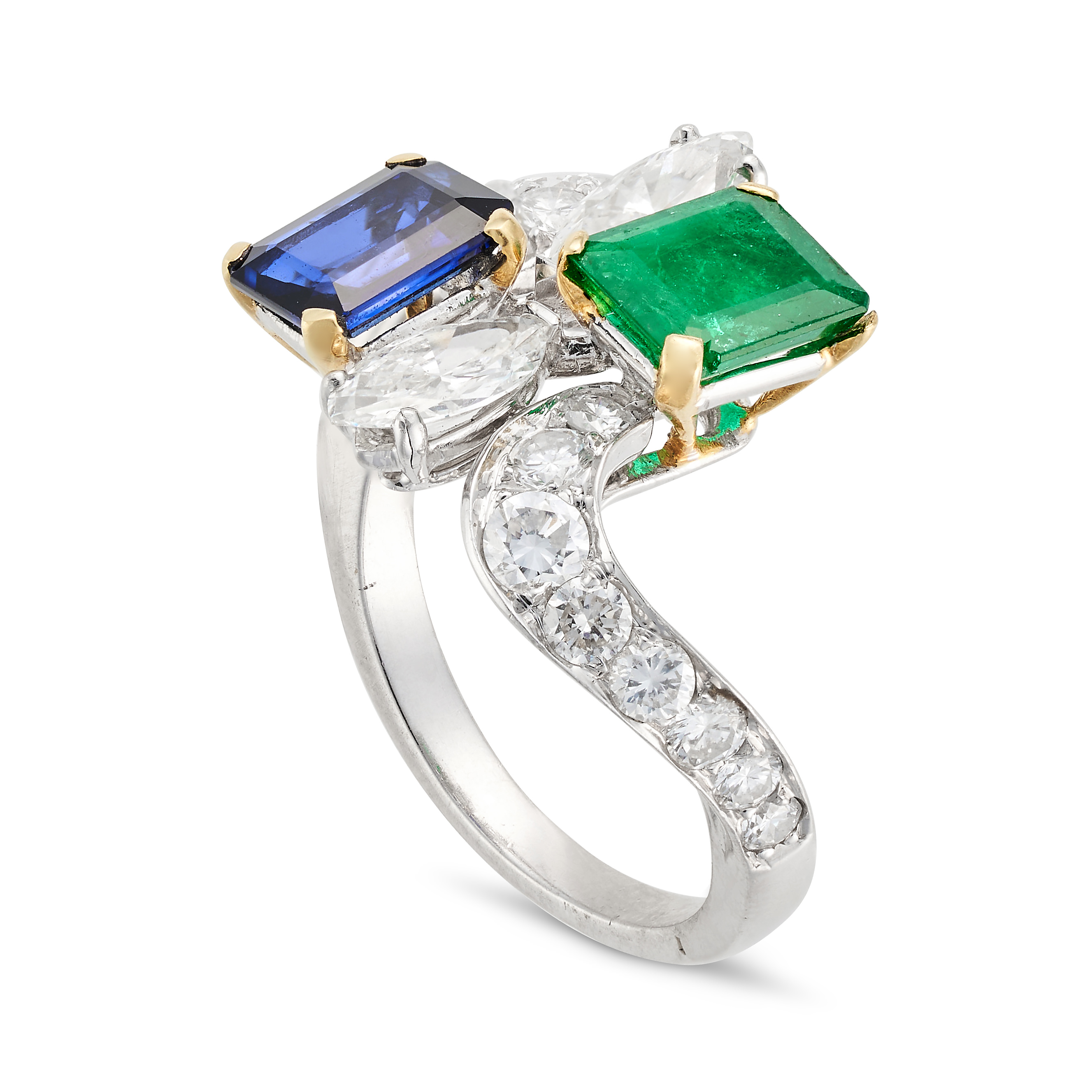 A SAPPHIRE, EMERALD AND DIAMOND RING set with an octagonal step cut sapphire and emerald, accente... - Image 2 of 2