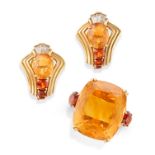 CHAUMET, A VINTAGE CITRINE AND DIAMOND RING AND EARRINGS SET in 18ct yellow gold, the earrings se...