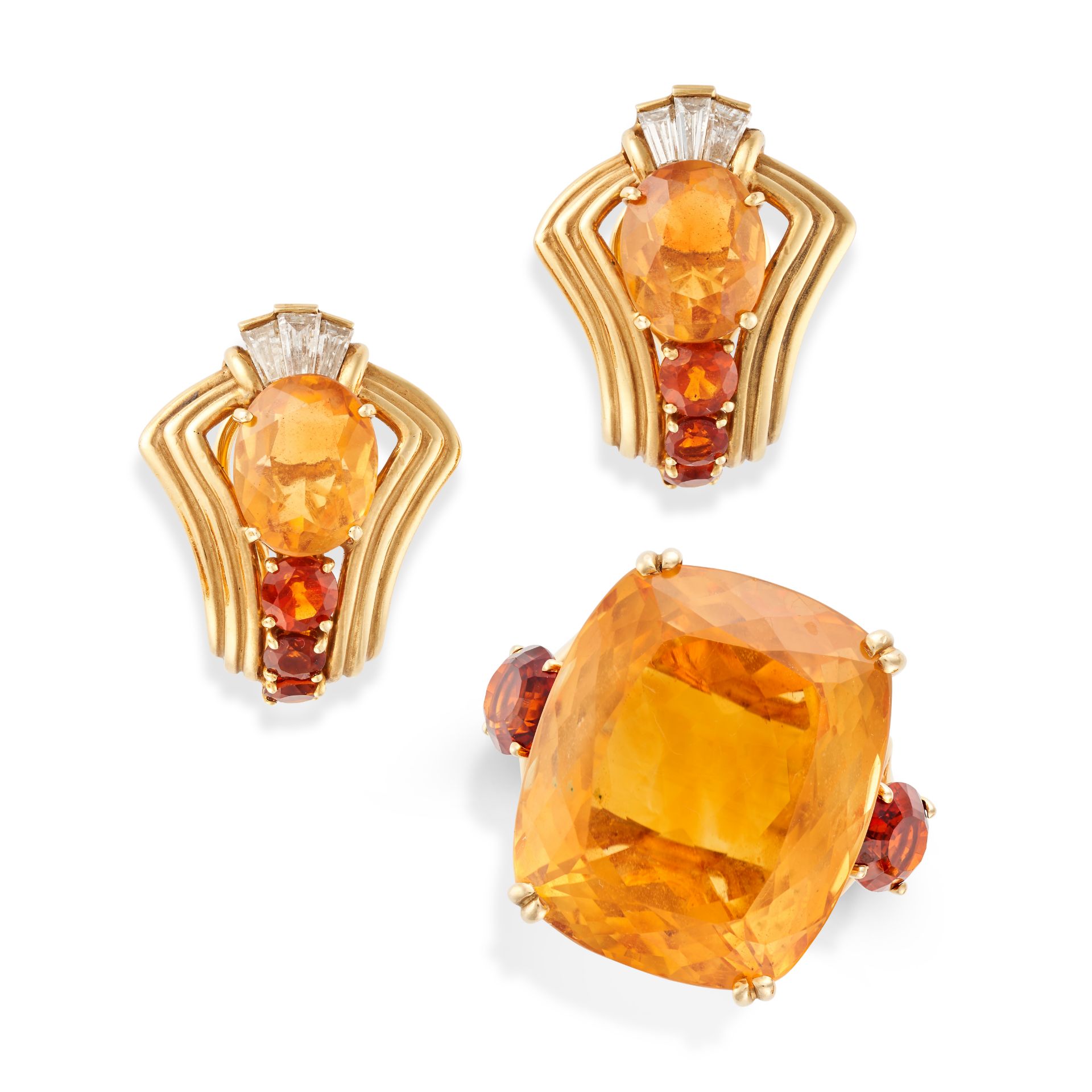 CHAUMET, A VINTAGE CITRINE AND DIAMOND RING AND EARRINGS SET in 18ct yellow gold, the earrings se...