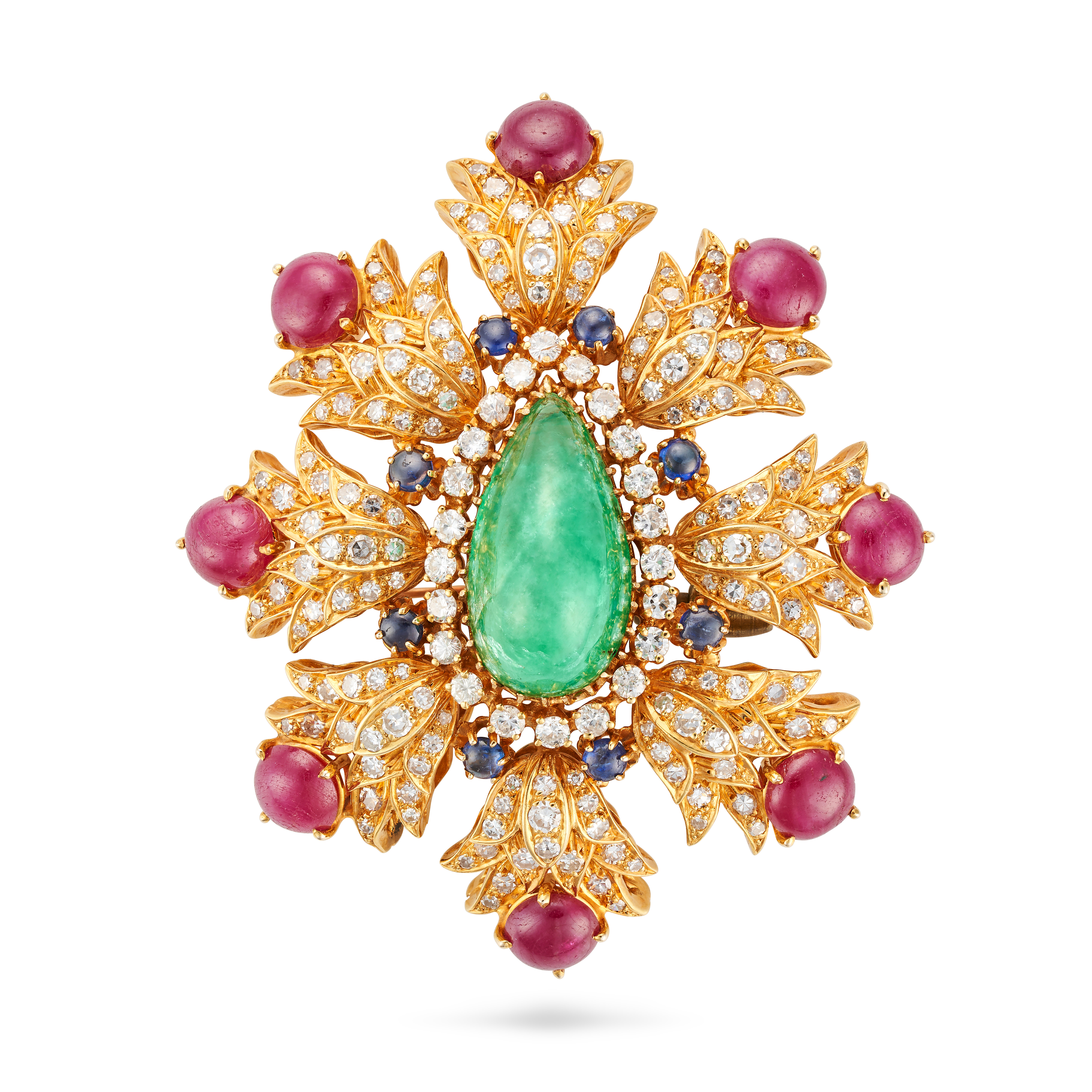 AN EMERALD, RUBY, SAPPHIRE AND DIAMOND BROOCH / PENDANT set with a pear shaped cabochon emerald o...