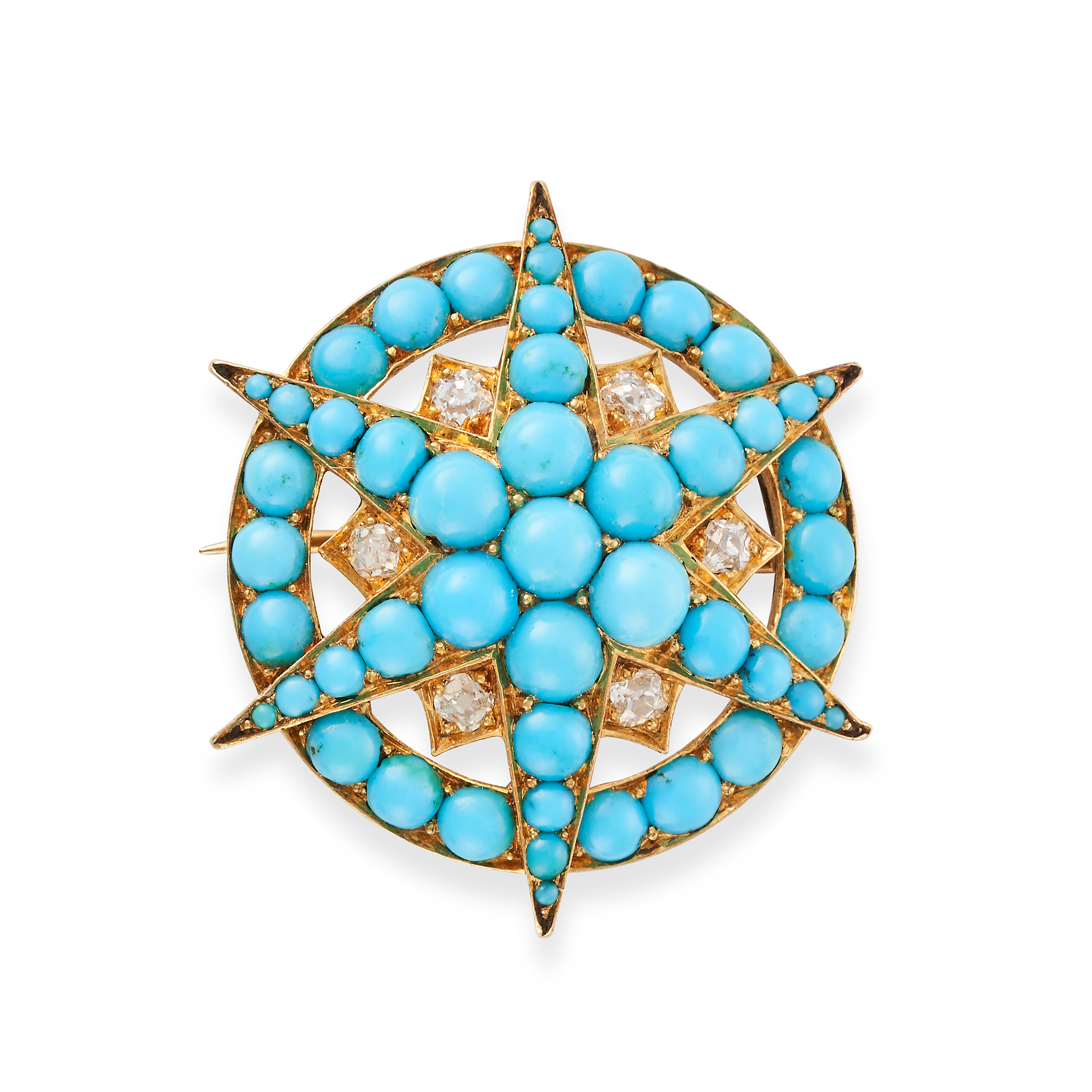 AN ANTIQUE TURQUOISE AND DIAMOND STAR BROOCH designed as a six rayed star set with round cabochon...