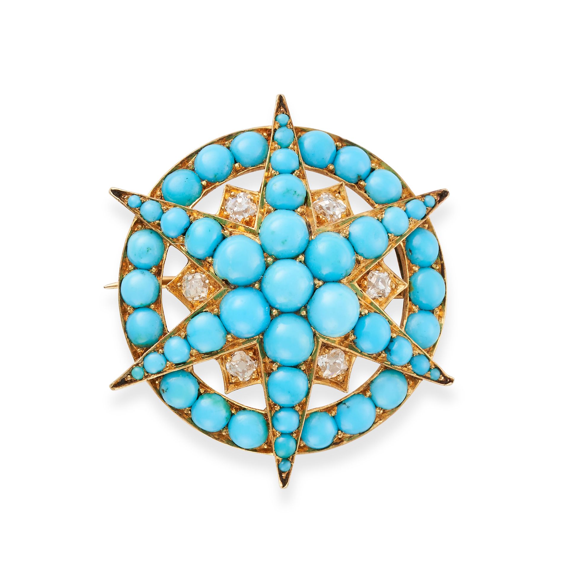 AN ANTIQUE TURQUOISE AND DIAMOND STAR BROOCH designed as a six rayed star set with round cabochon...