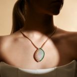 AN OPAL, EMERALD AND DIAMOND PENDANT NECKLACE comprising a row of round brilliant cut diamonds, s...