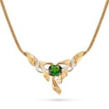 A GREEN TOURMALINE AND DIAMOND NECKLACE set with a cushion cut green tourmaline of approximately ...