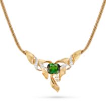 A GREEN TOURMALINE AND DIAMOND NECKLACE set with a cushion cut green tourmaline of approximately ...