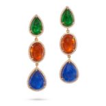 A PAIR OF TSAVORITE GARNET, HESSONITE GARNET, TANZANITE AND DIAMOND DROP EARRINGS each comprising...