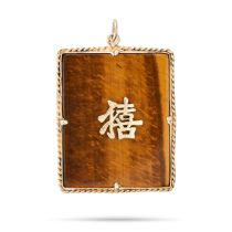 A TIGER'S EYE PENDANT set with a rectangular slice of tiger's eye with applied Chinese characters...