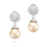 A PAIR OF GOLDEN SOUTH SEA PEARL AND DIAMOND EARRINGS each comprising a foliate top set with roun...