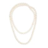 A PEARL NECKLACE comprising a single row of pearls, no assay marks, 92.0cm, 87.2g.