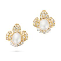 A PAIR OF PEARL AND DIAMOND FLOWER CLIP EARRINGS each set with a pearl of 12.0mm accented by roun...