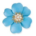 VAN CLEEF AND ARPELS, A RARE AND IMPORTANT TURQUOISE AND DIAMOND ROSE DE NOEL BROOCH in 18ct yell...
