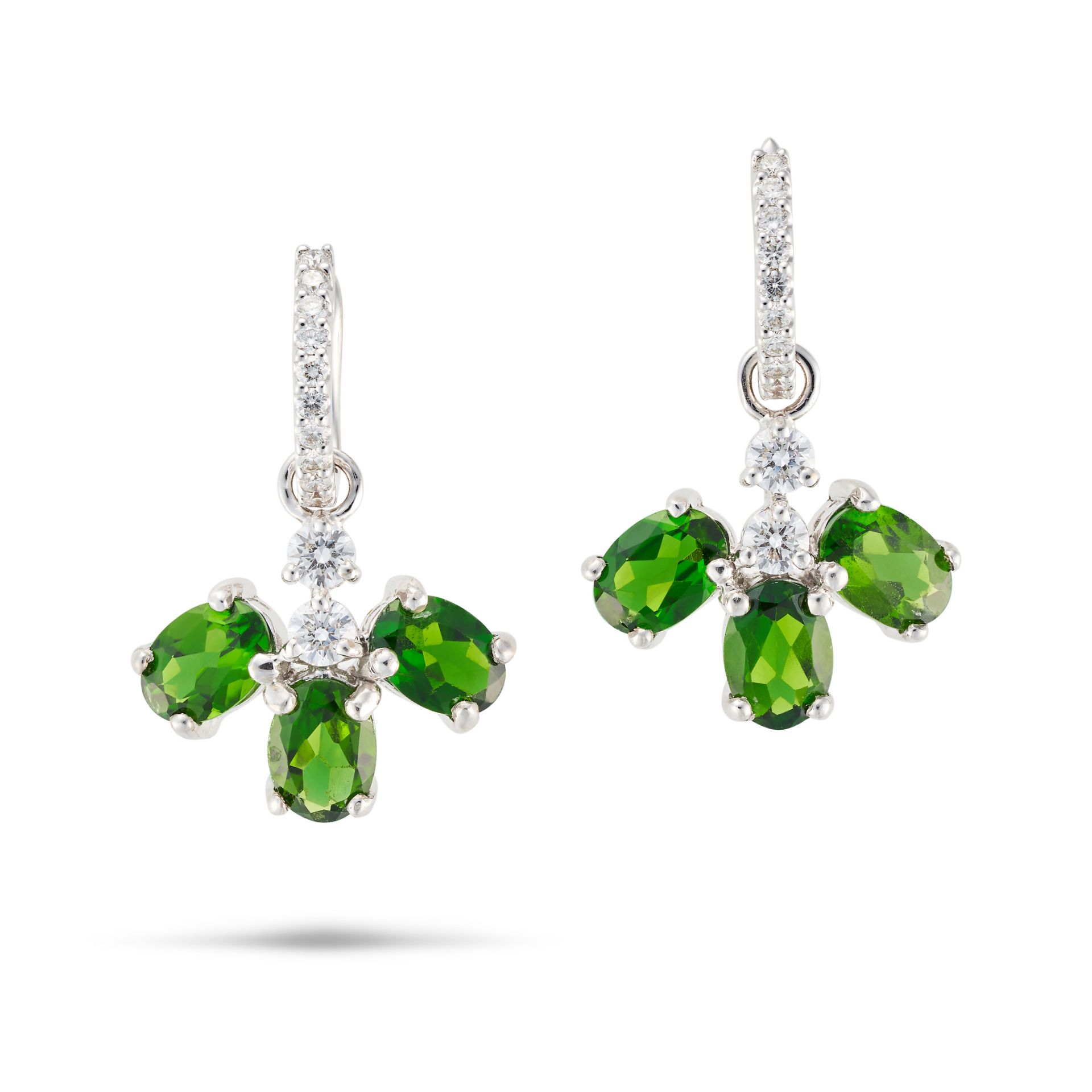 A PAIR OF DIOPSIDE AND DIAMOND DROP EARRINGS each comprising a hoop set with round brilliant cut ...