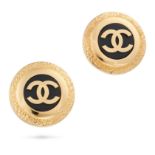 CHANEL, A PAIR OF VINTAGE RESIN CLIP EARRINGS each comprising black resin with interlocking CC mo...