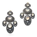 A PAIR OF RAINBOW MOONSTONE AND DIAMOND DROP CLIP EARRINGS each comprising a series of textured o...