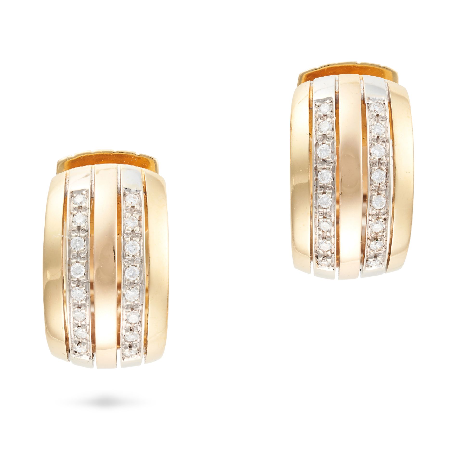 A PAIR OF DIAMOND HOOP EARRINGS each hoop set with two rows of round cut diamonds, stamped 750, 2...