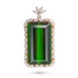 A GREEN TOURMALINE AND DIAMOND PENDANT set with an octagonal step cut green tourmaline of 122.84 ...