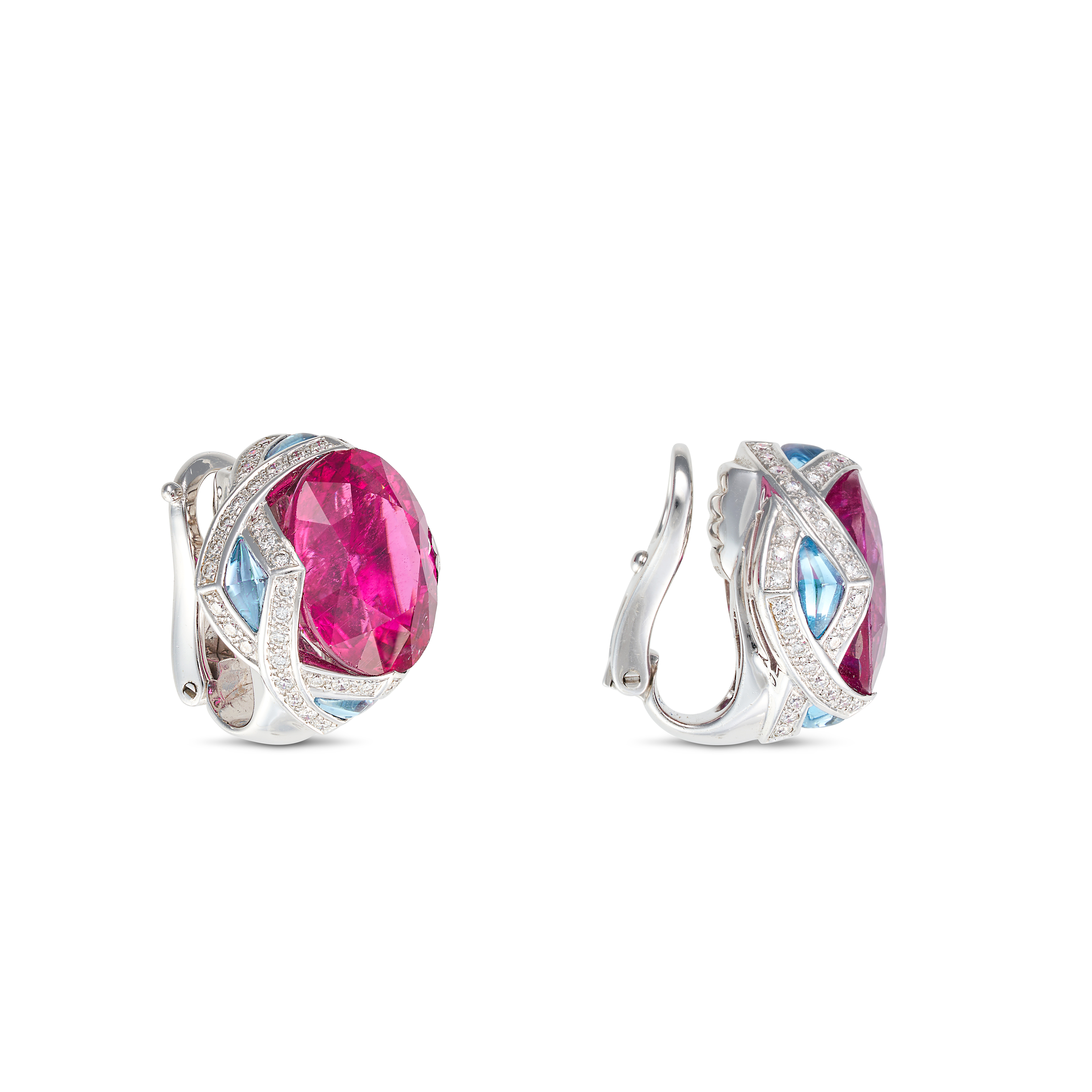 ARFAN, A PAIR OF RUBELLITE TOURMALINE, BLUE TOPAZ AND DIAMOND CLIP EARRINGS each set with a cushi... - Image 2 of 2