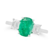 AN EMERALD AND DIAMOND THREE STONE RING set with a cushion cut emerald of 1.77 carats accented on...