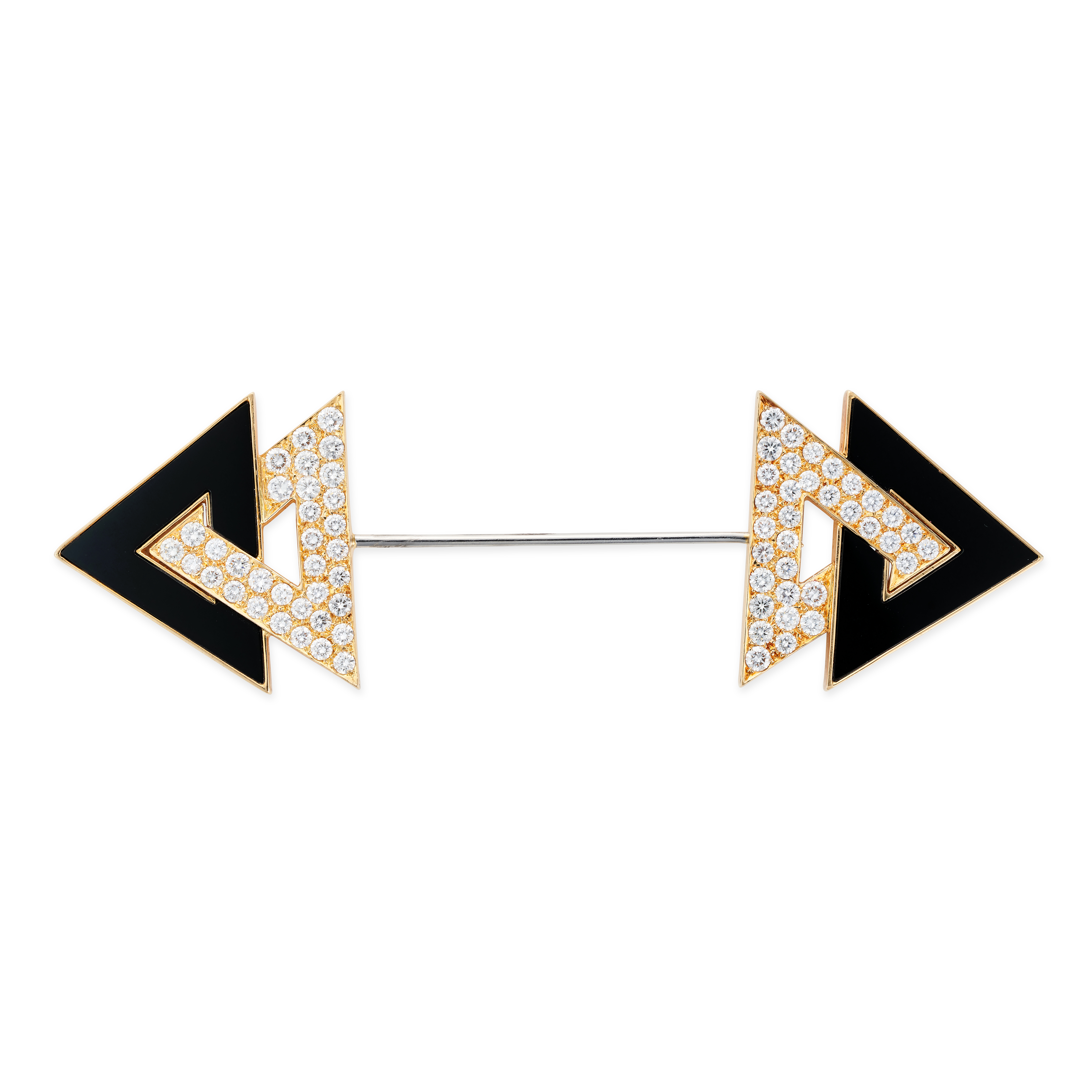 A DIAMOND AND ONYX JABOT PIN BROOCH terminating at each end with a double arrow head, set with po...