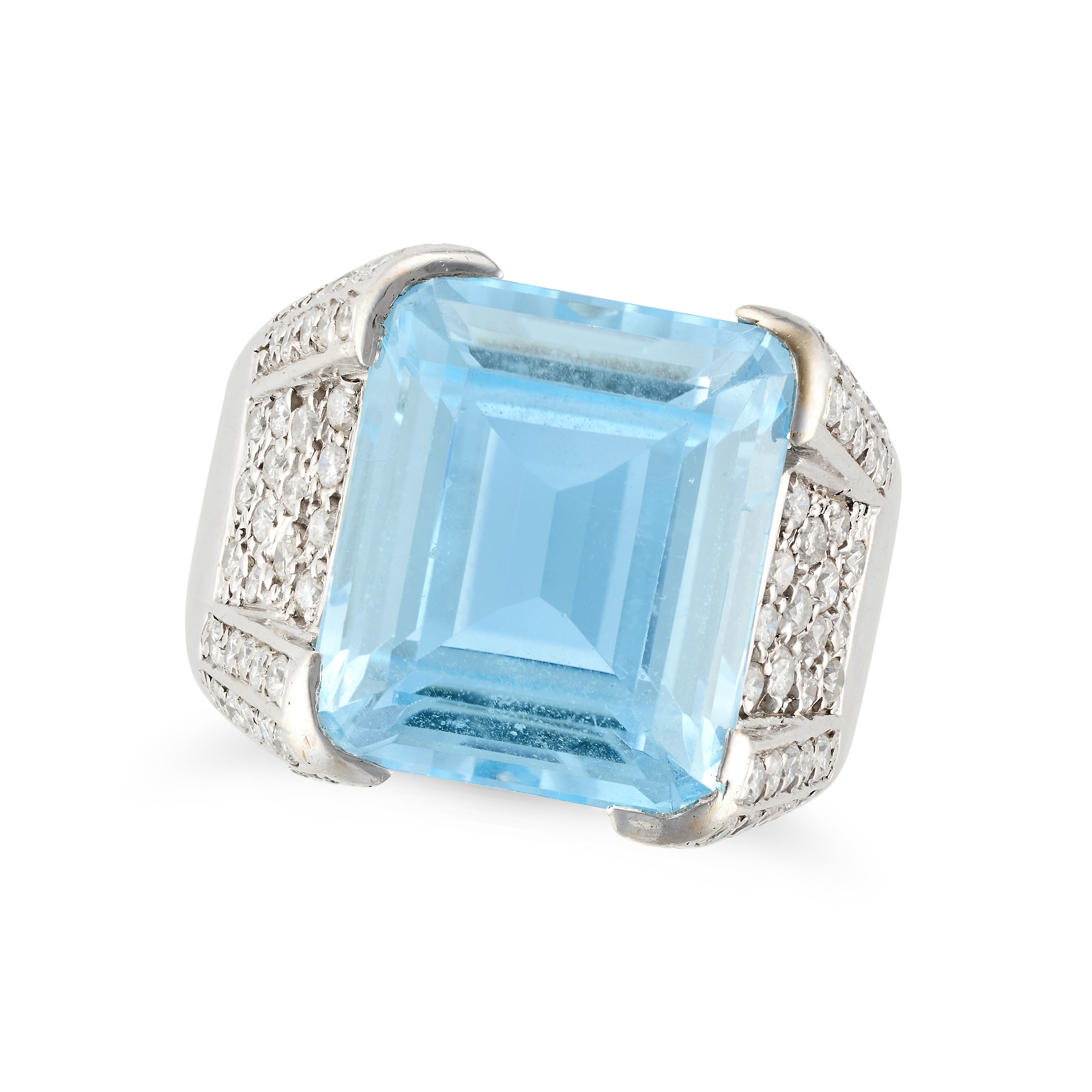 A BLUE TOPAZ AND DIAMOND RING set with an octagonal step cut blue topaz of approximately 15.98 ca...