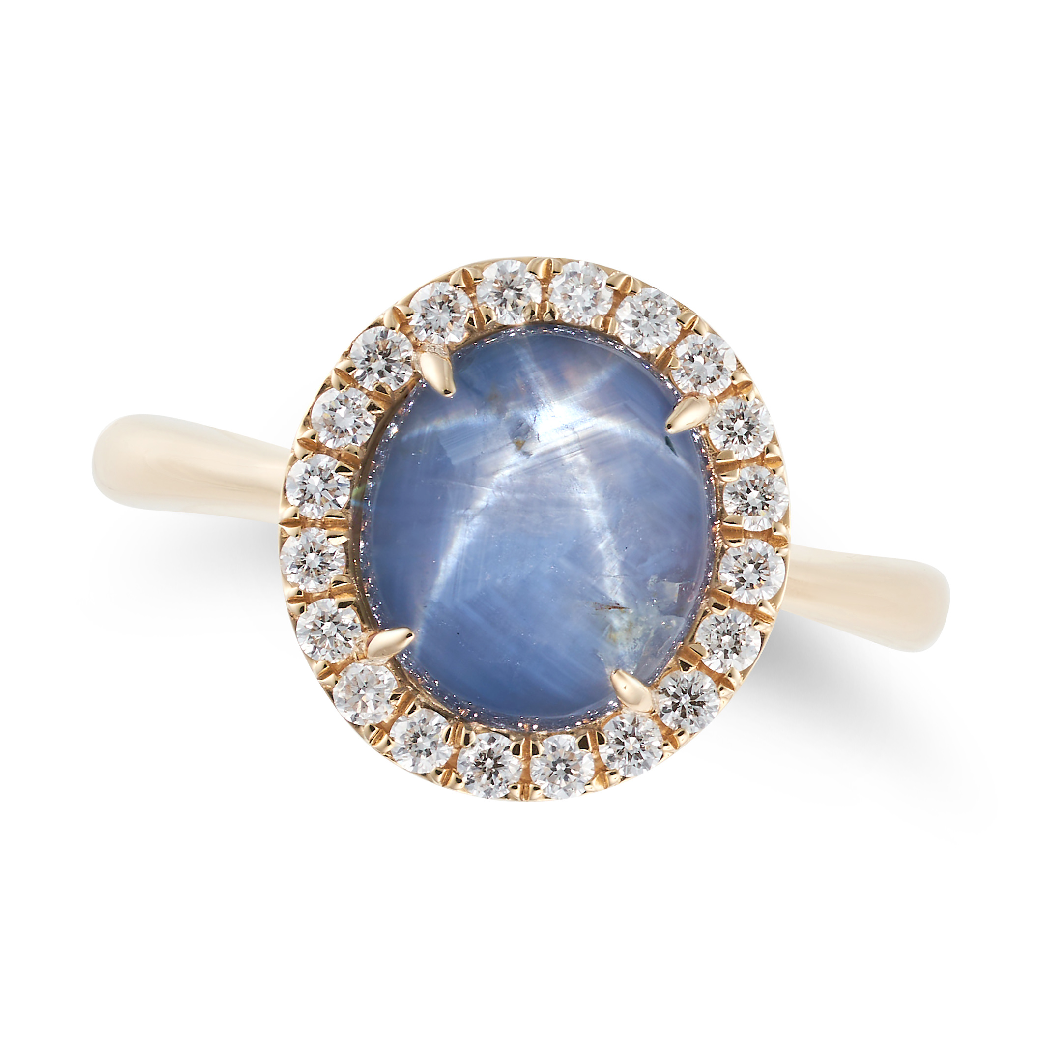 A STAR SAPPHIRE AND DIAMOND RING set with a round cabochon star sapphire of 6.16 carats in a bord...