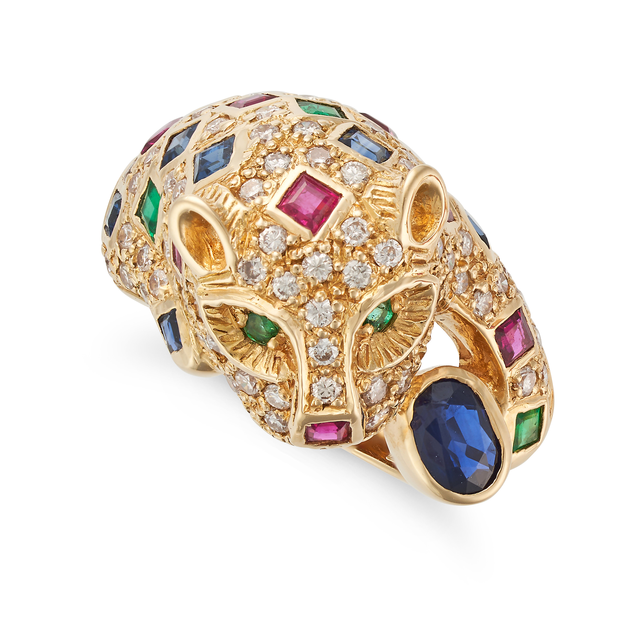 A MULTIGEM PANTHER RING designed as a coiled panther, set with square step cut rubies, emeralds a... - Image 2 of 3