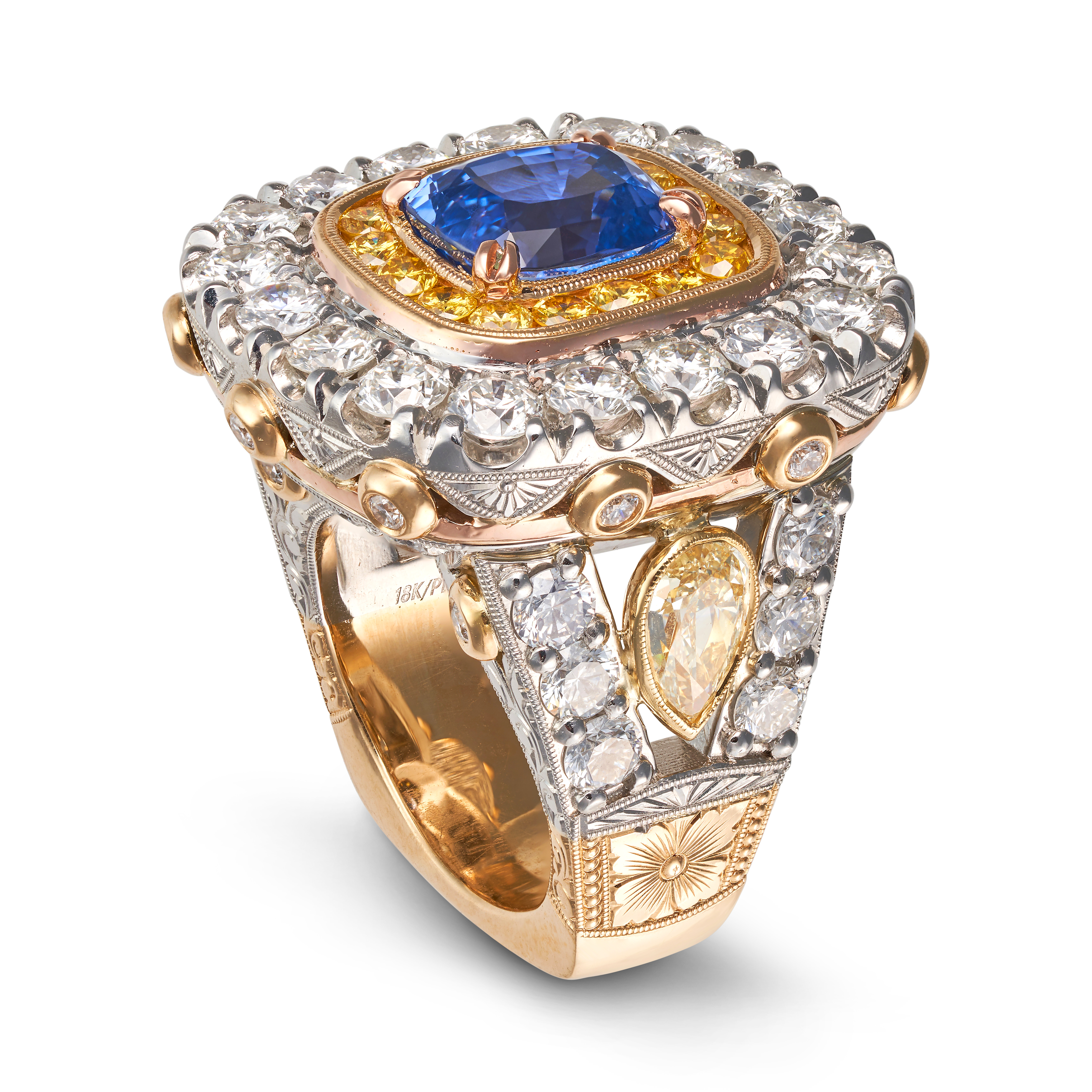 A CEYLON NO HEAT SAPPHIRE AND DIAMOND DRESS RING set with a cushion cut sapphire of 6.88 carats i... - Image 3 of 4