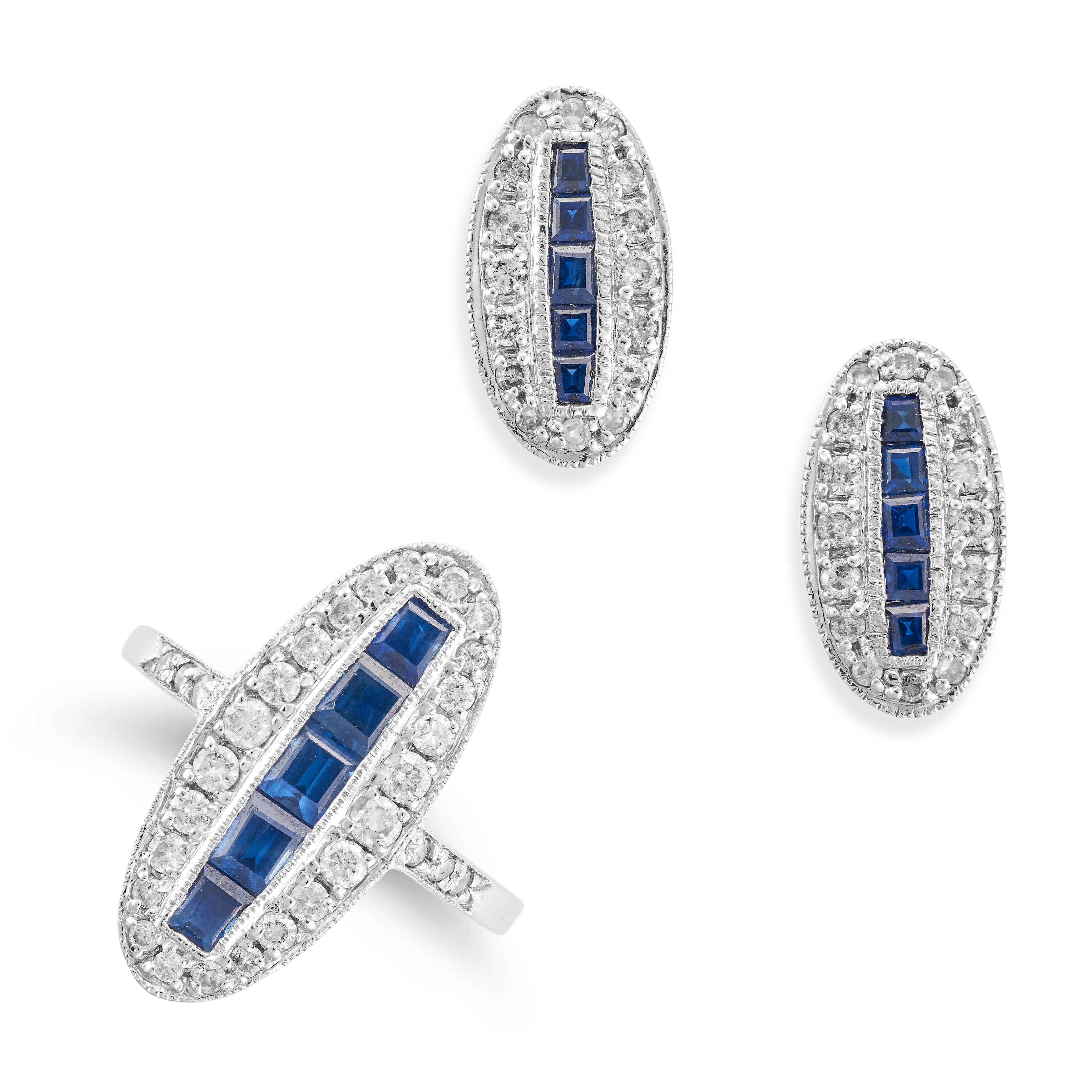 A SAPPHIRE AND DIAMOND RING AND EARRINGS SET in 18ct white gold, the ring set with a row of squar...