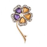 AN ANTIQUE VICTORIAN AMETHYST, CITRINE, PEARL AND DIAMOND FLOWER BROOCH in yellow gold and silver...
