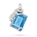 A BLUE TOPAZ AND DIAMOND PANTHER PENDANT set with a rectangular step cut blue topaz of approximat...