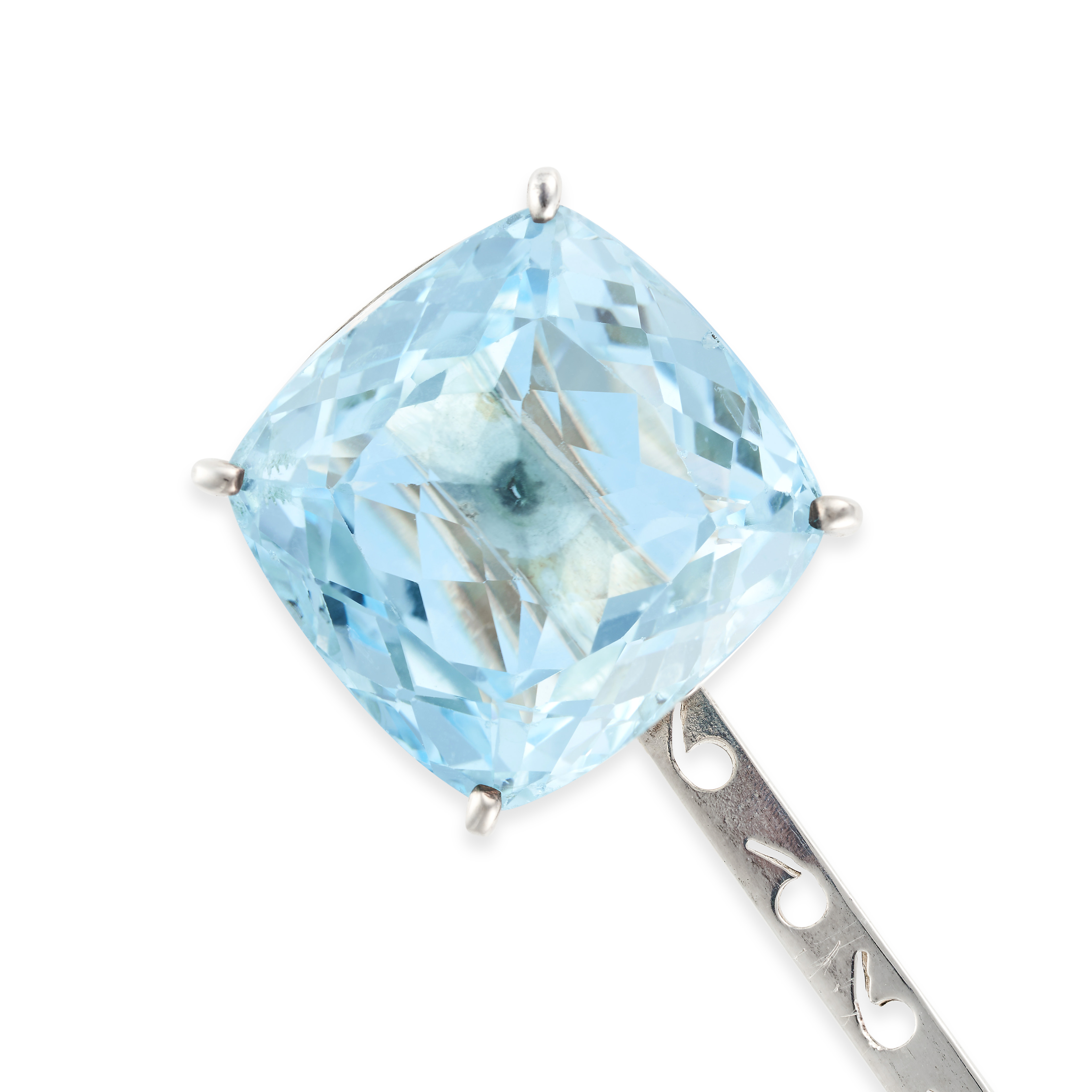 A BLUE TOPAZ PIN set with a cushion cut blue topaz of approximately 37.93 carats, no assay marks,...