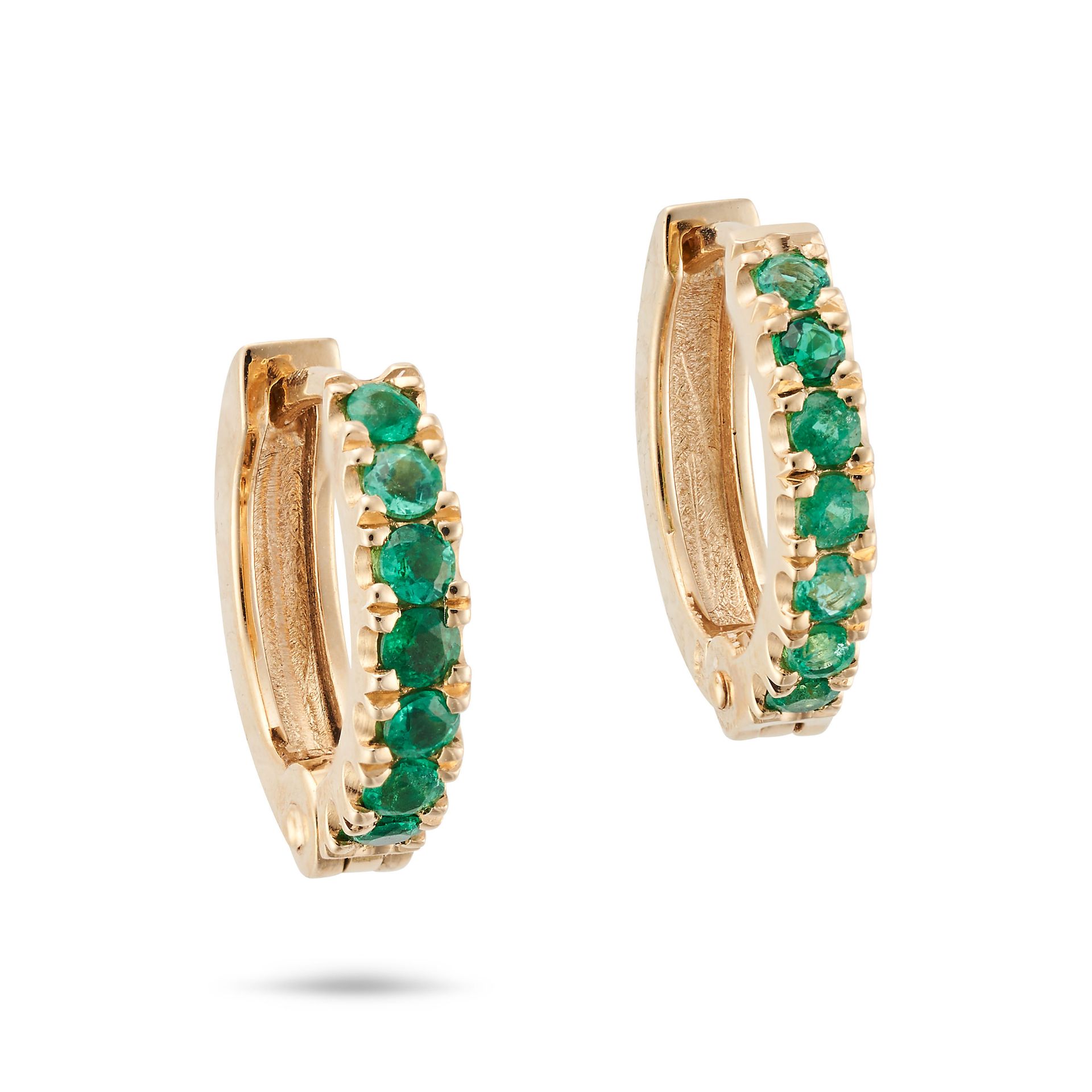 A PAIR OF EMERALD HUGGIE HOOP EARRINGS each set with a row of round cut emeralds, stamped 18K, 1.... - Image 2 of 2