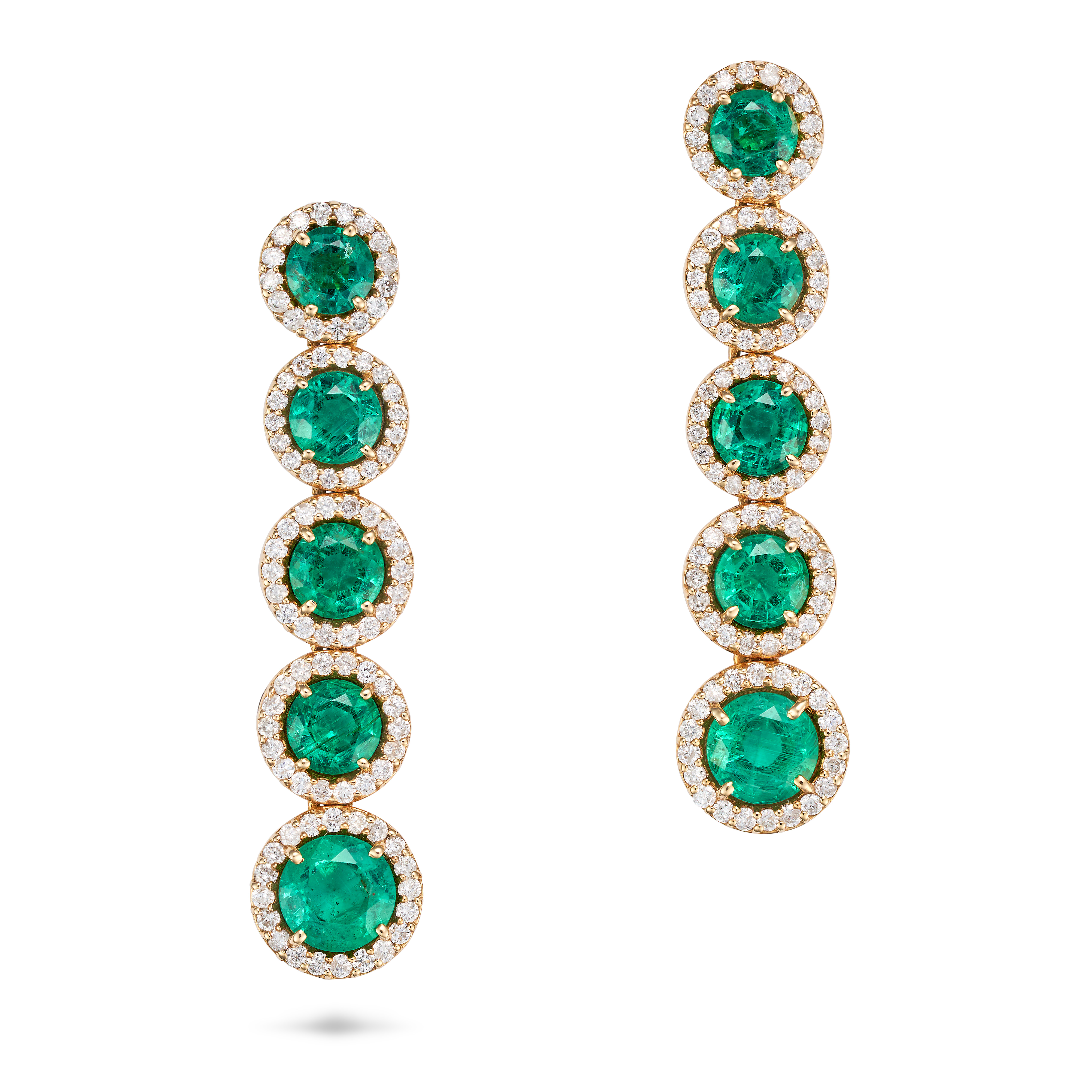 A PAIR OF EMERALD AND DIAMOND DROP EARRINGS each comprising a row of round cut emeralds in border...