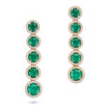 A PAIR OF EMERALD AND DIAMOND DROP EARRINGS each comprising a row of round cut emeralds in border...