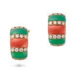 VAN CLEEF & ARPELS, A PAIR OF CORAL, CHRYSOPRASE AND DIAMOND CLIP EARRINGS in 18ct yellow gold, e...