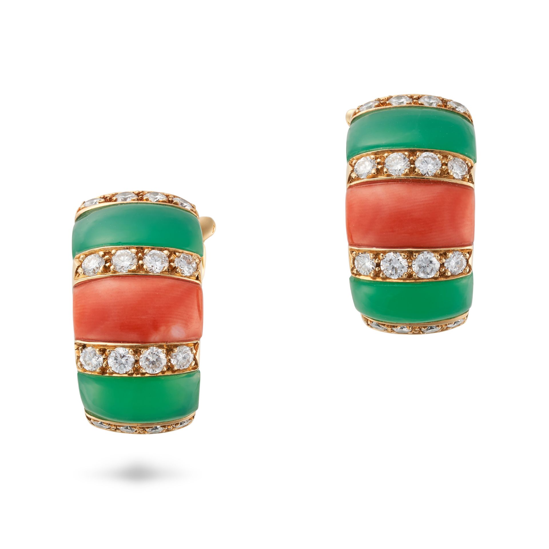 VAN CLEEF & ARPELS, A PAIR OF CORAL, CHRYSOPRASE AND DIAMOND CLIP EARRINGS in 18ct yellow gold, e...