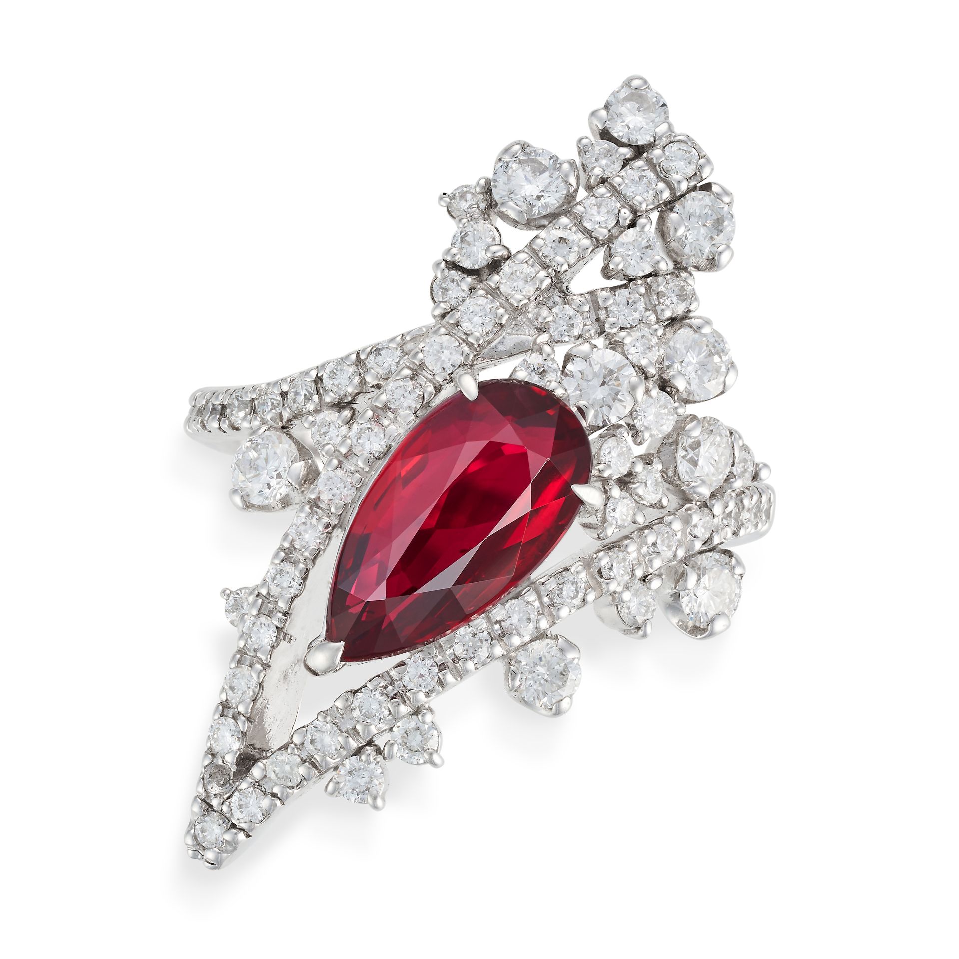 AN UNHEATED RUBY AND DIAMOND RING set with a pear cut ruby of 3.01 carats accented by round brill...