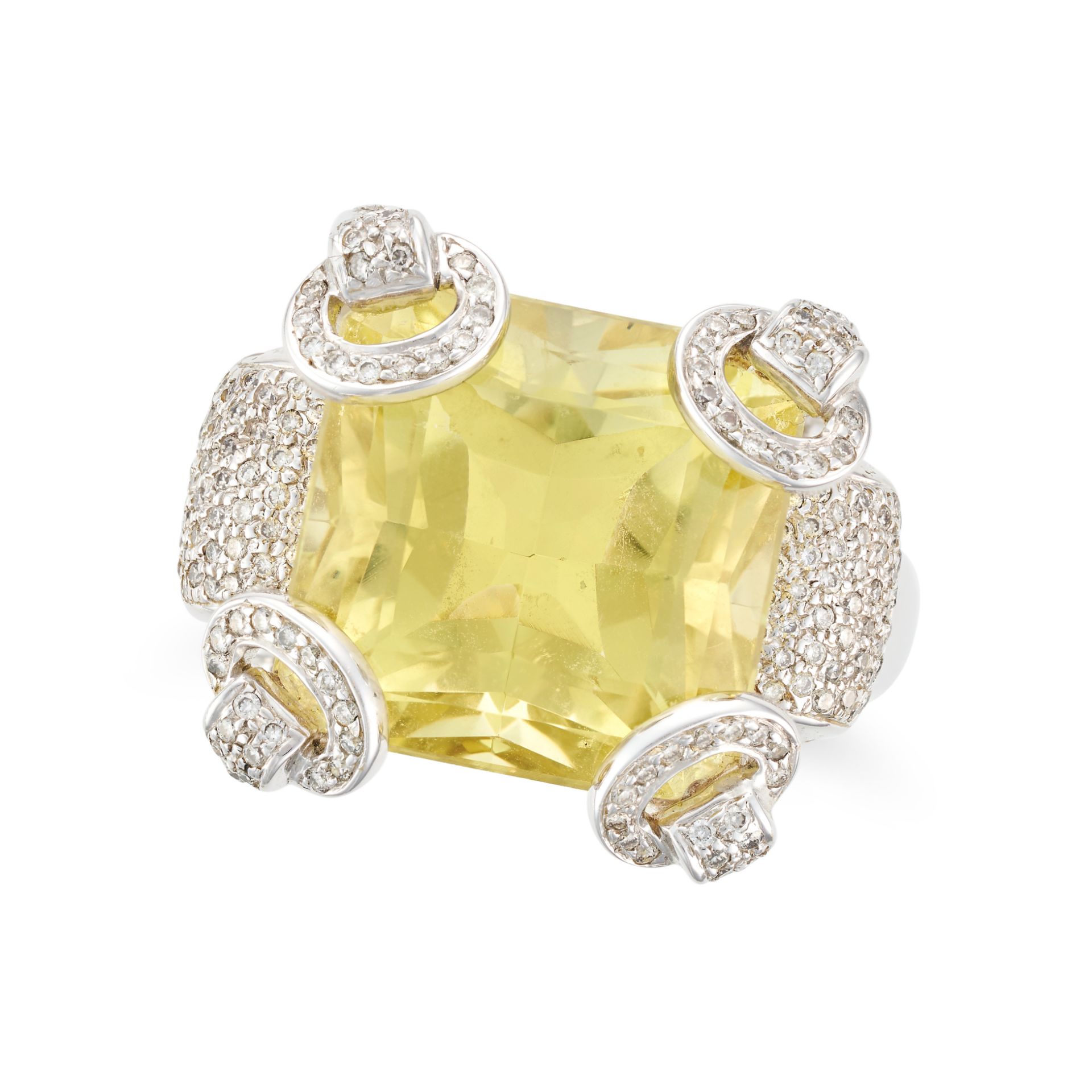 A LEMON QUARTZ AND DIAMOND RING set with an octagonal step cut lemon quartz, accented by round br...
