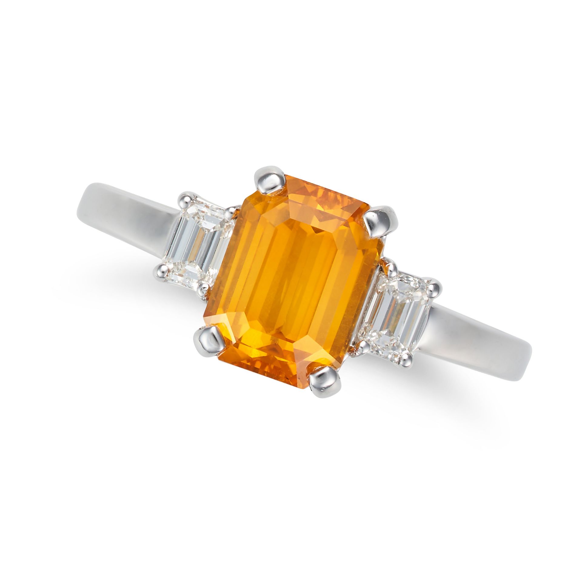 A YELLOW SAPPHIRE AND DIAMOND RING set with an octagonal step cut yellow sapphire of 2.00 carats,...