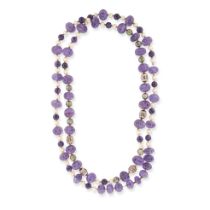 AN AMETHYST, PEARL AND CLOISONNE ENAMEL BEAD NECKLACE comprising a row of melon carved and polish...