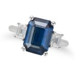 AN UNHEATED SAPPHIRE AND DIAMOND RING set with an octagonal step cut sapphrie of 4.12 carats, acc...