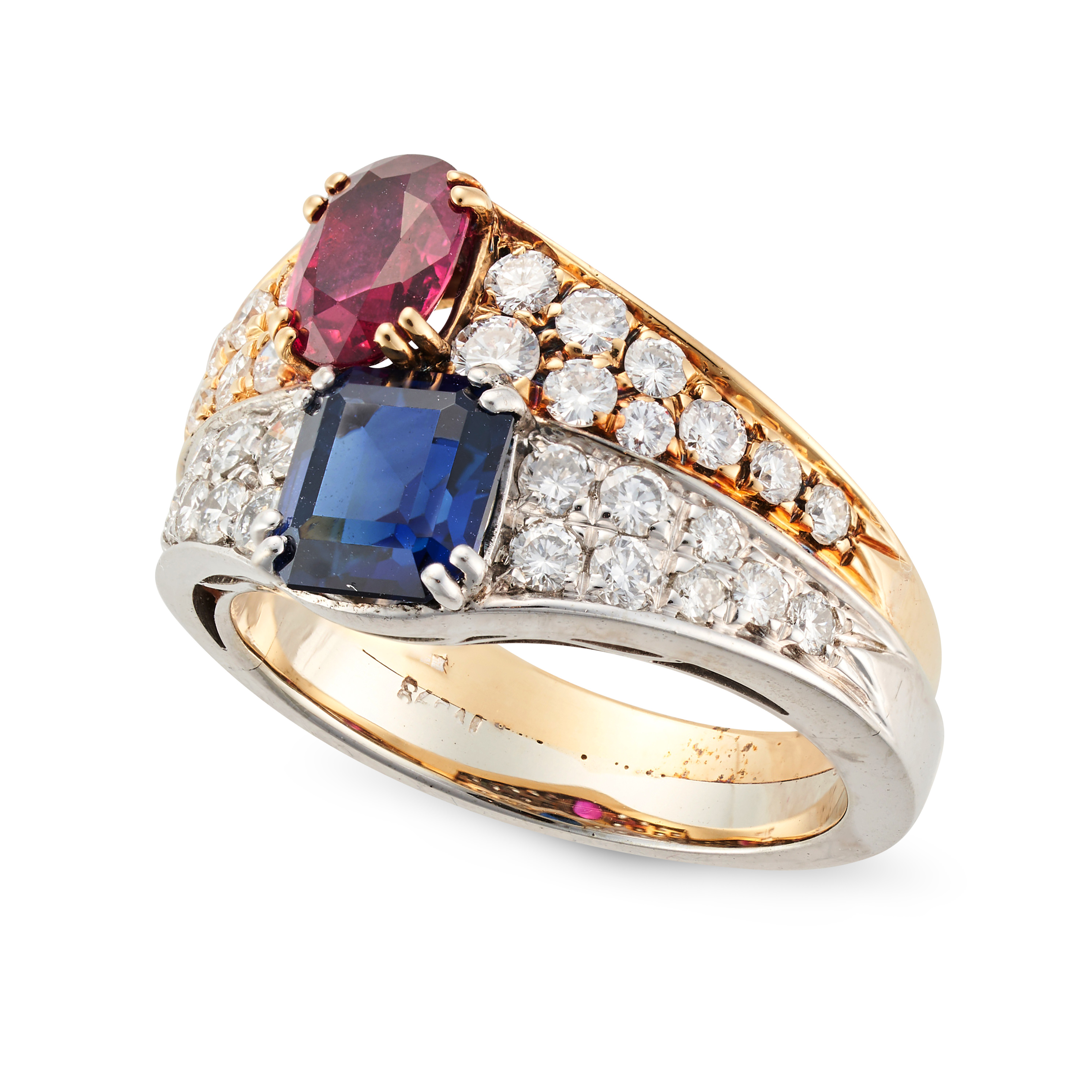 A RUBY, SAPPHIRE AND DIAMOND DRESS RING set with an octagonal step cut sapphire and oval cut ruby... - Image 2 of 2