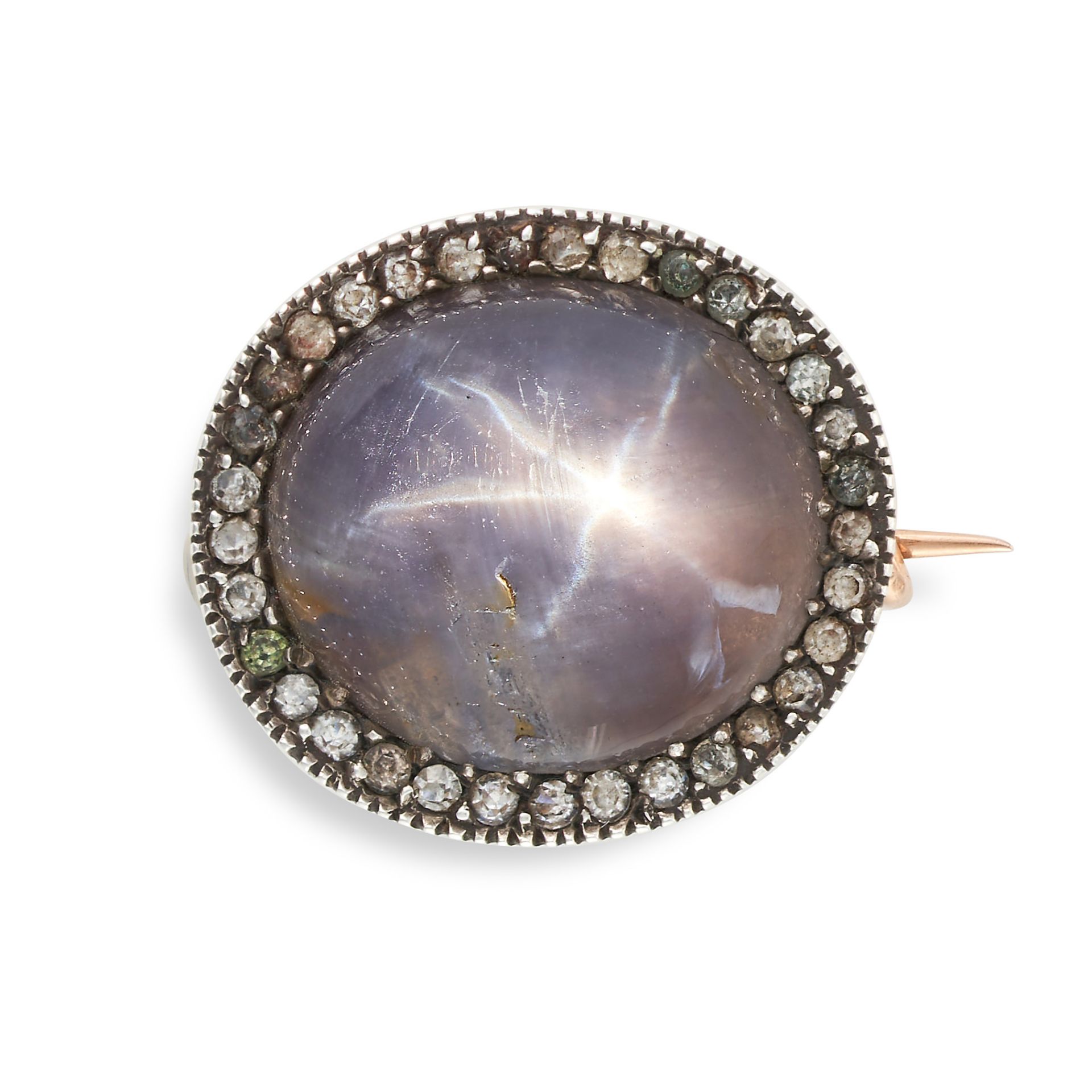 AN ANTIQUE STAR SAPPHIRE AND PASTE BROOCH in yellow gold and silver, set with a cabochon star sap...