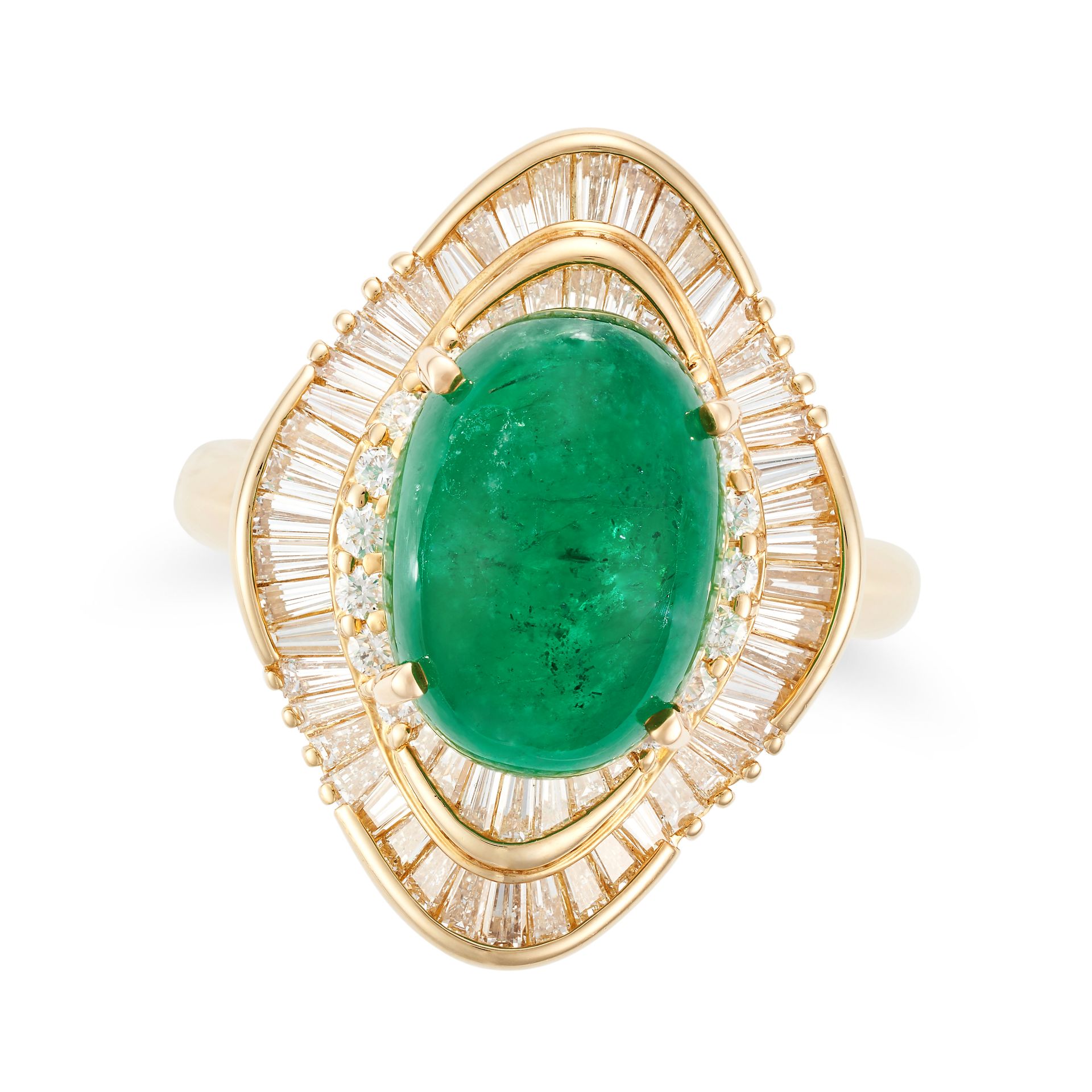 AN EMERALD AND DIAMOND BALLERINA RING set with an oval cabochon emerald of 8.10 carats in a balle...