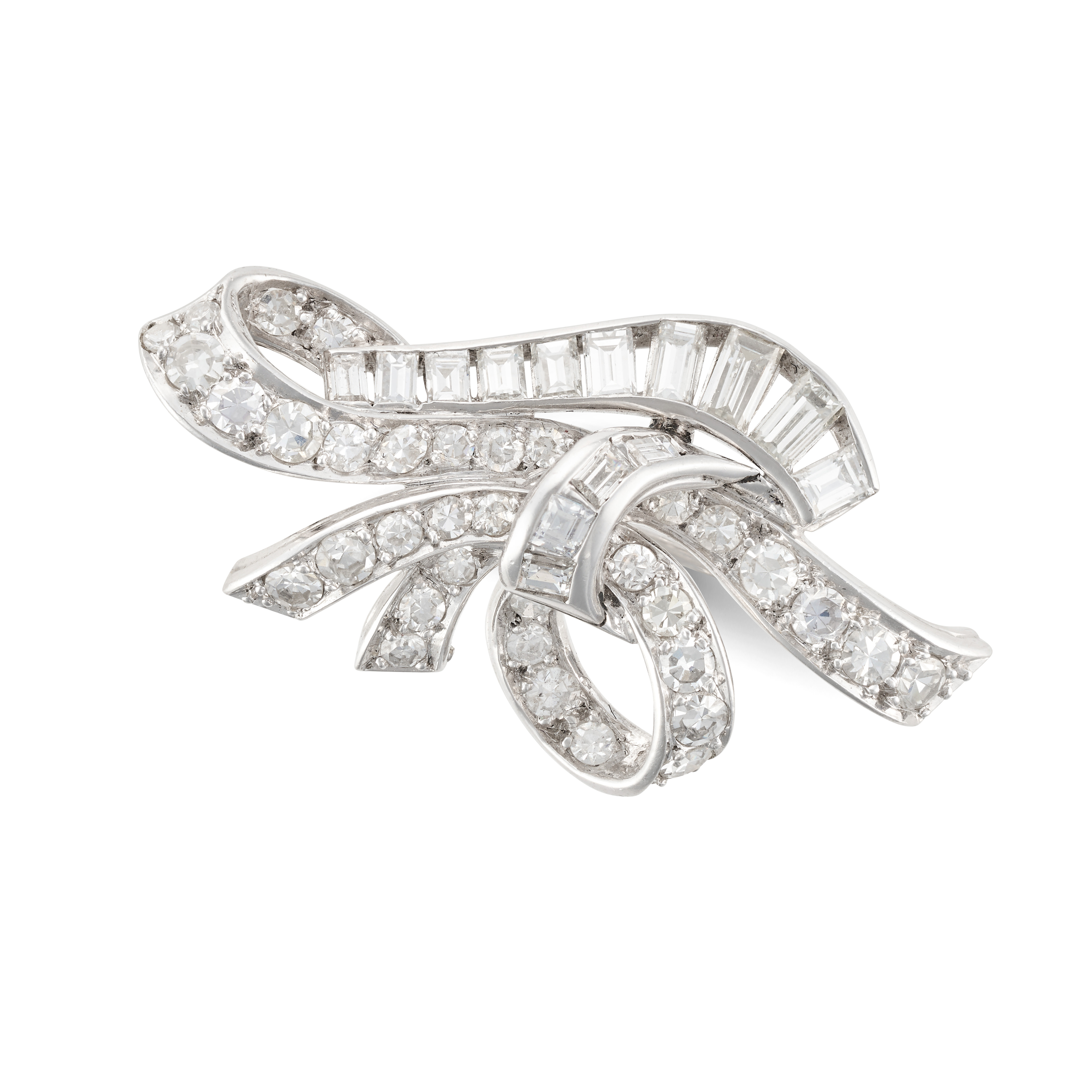 A DIAMOND BOW BROOCH, 1950S designed as a stylised bow set with single and baguette cut diamonds,...